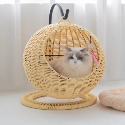 Luxury Natural Material Semi Enclosed Removable Washable Hand Woven Hanging Rattan Basket Cat Bed Art Deco Breathable 46x60cm