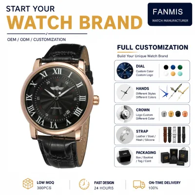 Custom Logo Business High-Quality Premium Stylish Automatic Mechanical Movement Genuine Leather Strap for Men Wristwatch