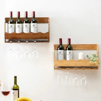 Bamboo Wine Bottle Wine Cups Wall Mounting Holder Storage Wall Display Wine Rack for Bar Kitchen
