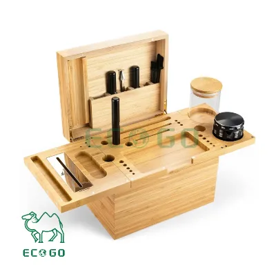 Hinged Lid Extra Large Foldable Rolling Tray Wooden Storage Box Bamboo Stash Box