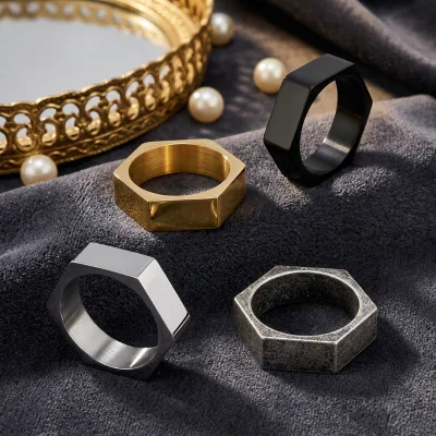 Trendy Geometric Hexagon Polished Stainless Steel Ring Unisex Finger Ring Design for Men Women Hip Hop Fashion Jewelry Gift