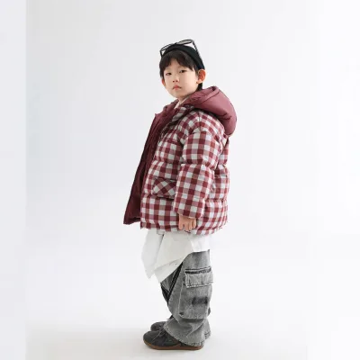 Children Winter Korean-Style Filled Jacket Boys Ski Suit Reversible Plaid Design Extra-Thick Long Sleeve Trendy