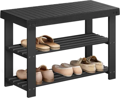 Ink Black 3Tier Bamboo 286Lbs Weight Capacity Entryway Bathroom Bedroom Shoe Storage Bench Organizer Rack