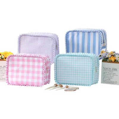 Cross-border New Zipper Strip Lace Ultra-light Polyester Cosmetic Bag Simple Fresh Striped Plaid Travel Portable Storage Set