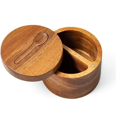 Salt Cellar with Lid Acacia Wooden Salt Box with Spoon, Salt and Pepper Box Spice Box
