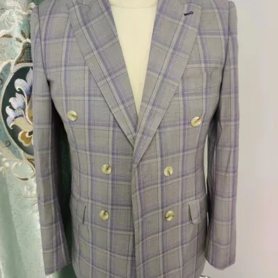Ready Made Striped Grid Blue Men Suit Double Breasted Suit for Business Wear