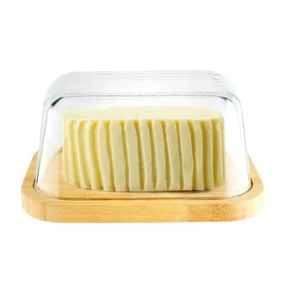 Food Safe Glass Butter Storage Box High Borosilicate Glass Butter Dish with Bamboo Lid