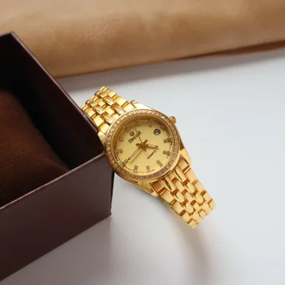 Gold Plated Stainless Steel Women Quartz Watch Diamond Border Calendar Elegant Ladies Dress Wrist Watch