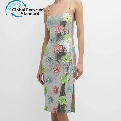 Custom Women's Sleeveless Midi Bodycon Party Dress Floral Sequin Empire Waistline Crystal Straps Dress for Cocktail