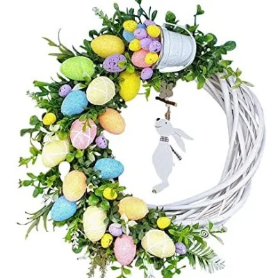 White Wicker Easter Wreath with Glitter Eggs, Spilling Egg Bucket & Hanging Bunny Charm, Spring Door Decoration for Home