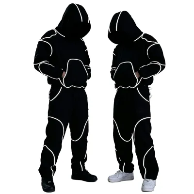 Custom Reflective Stripe Two Piece Men Tracksuit Oversized Hoodie Straight Pant Oem Embroidery Print Cyberpunk Streetwear
