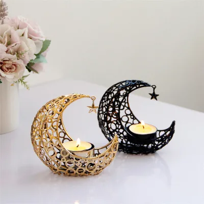 Wholesale Luxury Moon Star Black Candle Holder Metal Candlestick Tealight Candle Cup for Gifts Home Decorations