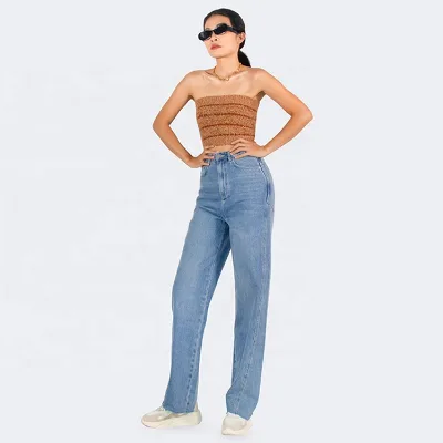 Factory Direct Women's Baggy Trousers High Rise Fit Jeans Cotton Denim Wide Leg Jeans for Ladies