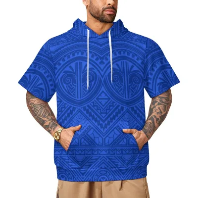 Hot Selling Men Summer Pullover Custom Logo Tonga Polynesian Tribal Design Casual Soft Hoodie Quick Dry Short Sleeve Hoodie