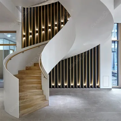 American Villa Modern Luxury Prefabricated Indoor Steel & Wood Spiral Staircase with Curved Arc Guardrail and Side Panels
