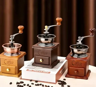 Classic Wooden Hand Coffee Grinder Adjustable Burr Manual Coffee Bean Mill with Drawer Made in China