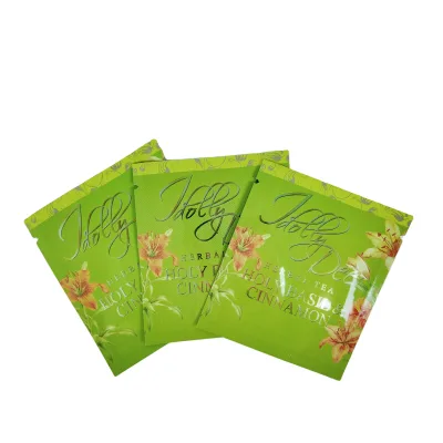FSC Eco Friendly Gold logo Printing Tea Portion Bags Three Side Seal Thin PET/PE Pouch for Tea Leaf Packaging Sampling