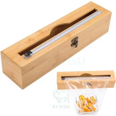 Bamboo Plastic Wrap Cutter, Reusable Bamboo Foil and Plastic Wrap Organizer With Sliding Cutter Suitable