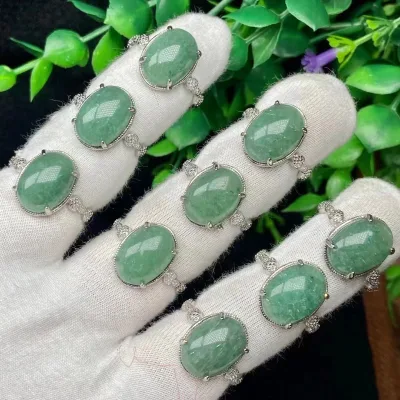 Dainty Natural Green Aventurine Rings Healing Crystal Oval Jade Open Adjustable Copper Ring Siver Plated for Women Girls