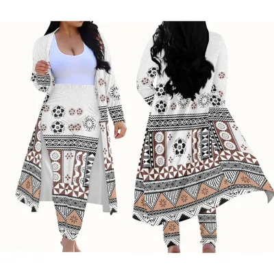 Kimono Set Outwear Polynesian Tribal Fijian Tongan White Flower Print Custom Slim Fit Coat Pant Lady's Suit Kimono Cardigan