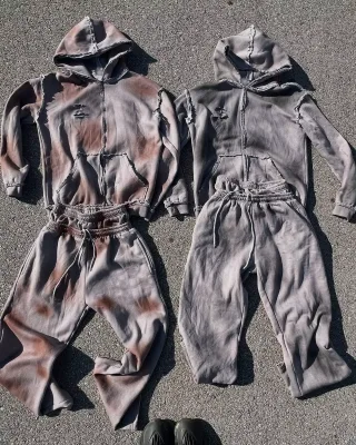 Custom 100% Cotton Printing Logo High Streetwear Acid Wash Distressed Zip up Hoodie&double Waist Pants Tracksuit