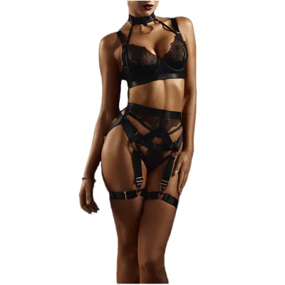4PC Luxury Firm Lingerie Set Semi-Sheer Mesh Embroidery Floral Bra Thong Suspender Straps Brazilian Cut Eco-Friendly Intimates