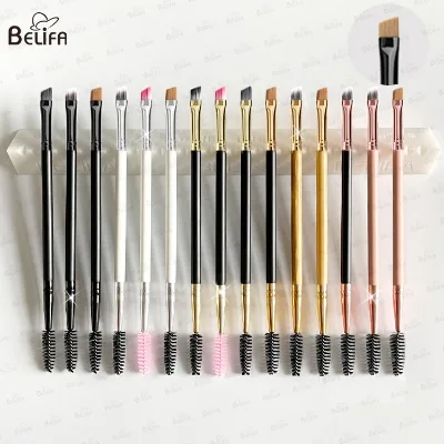 Wholesale Customised Portable Angled Brow Eyebrow Brush Soft Eyelash Cleaning Brush Nylon Wooden Handle Double End Eyelash Brush
