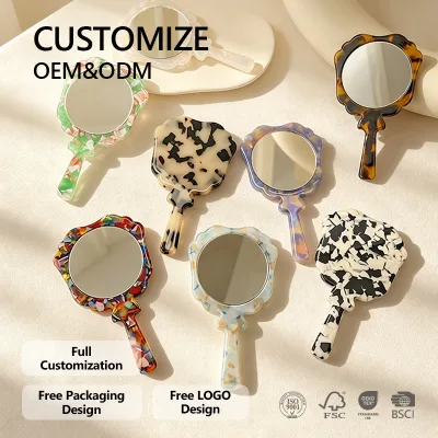 Professional Mini Acetate Handheld Makeup Mirror Wavy Flower Shape Portable Pocket Vanity Mirror Marble Patterns for Wholesale