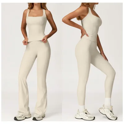 Two-Piece Women's Sports Set Tight-Fitting Tank Top for Outdoor Running Fitness Solid Pattern Logo Waist for Sports Run