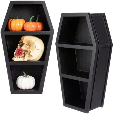Large Spooky Coffin Shelf- Wooden Coffin Shelf Gothic Decor with Serrated Hook Witchy Floating Shelf Horror Hanging Organizer