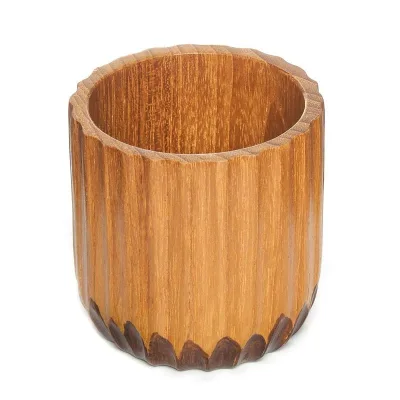 Hand-Painted Two-Toned Grooved Wood Tea Cup Japanese Craft Wooden Cup