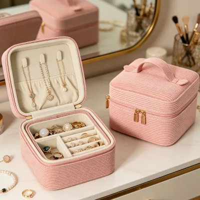 Double Layer Corduroy Velvet Jewelry Box Top Handle Portable Square Design Divided Compartments Necklace Hooks Ring Rolls 0-1L