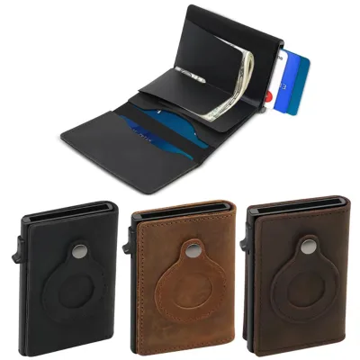 Anti-thief 2021 Pop up Mens Wallets Crazy Horse Genuine Leather Slim Minimalist Rfid Blocking GPS tracker Aluminum Wallet