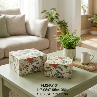 Set of 2 Decorative Storage Boxes Vintage Floral Bird Printed Gift Boxes Square Keepsake Container for Jewelry Photo Organizer