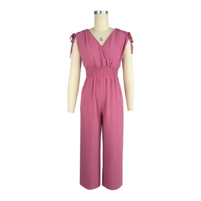 Women's Casual Jumpsuit Cross V-Neck Sleeveless Design Elastic Bandage High Waist Breathable Knitted Fabric Wrinkled Technics