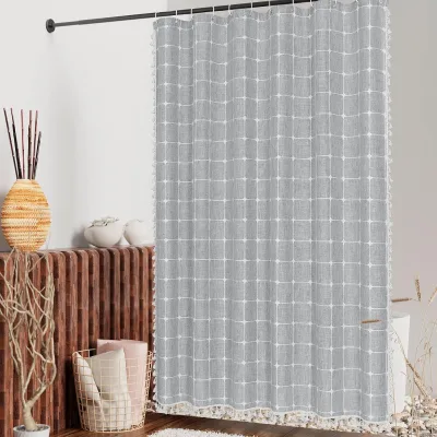 Modern Farmhouse Shower Curtain Set Grey Boho Shower Curtains for Bathroom Decor Vintage Rustic Thick Linen Fabric