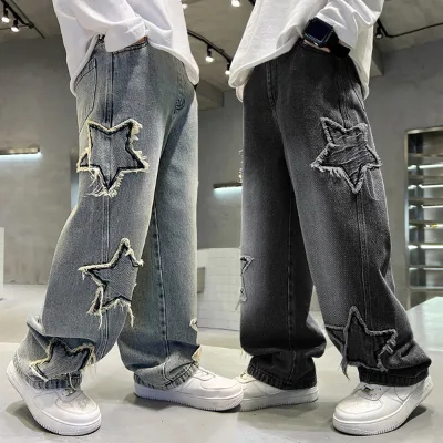 US Free Tax Men's Straight Leg Baggy Wide Leg Jeans Colored Star Embroidered Patch Denim Pants Casual High Street Jeans