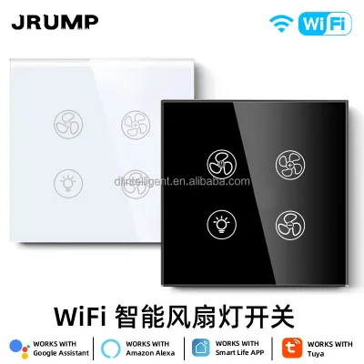 Tuya WIFI European Standard Intelligent Fan Light Switch Glass Panel App Remote Control Fan Adjustable Light