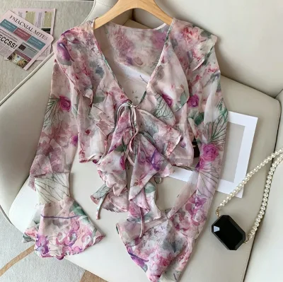 Floral Print Sheer Chiffon Blouse with Ruffle Trim, Tie Front and Flare Bell Sleeves for Women