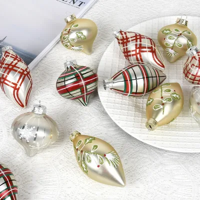 Boxed Christmas Glass Ornaments 4 Double-Pointed Onion Pendant Sequined Graphics Painted Glass Balls for Home or Wedding Use