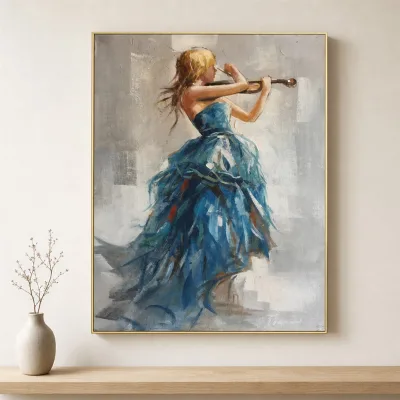 Custom Hand Painted Oil Painting Woman Violinist Blue Dress Impasto Canvas Impressionist Portrait Gold Frame Wall Decor