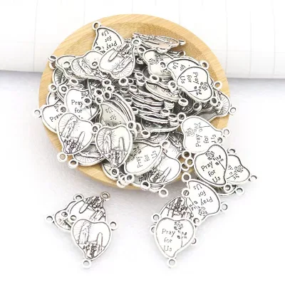 Heart Catholic Rosary Religious Prayer Necklace Zinc Alloy Metal Centerpiece in Silver Color