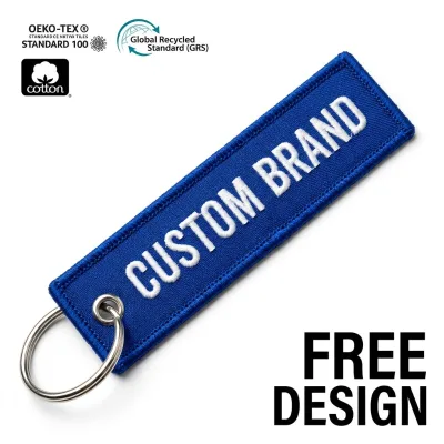 Custom Embroidered Woven Keychain OEKO-TEX GRS Certified Fabric Flight Tag with Metal Ring for Brand Gift