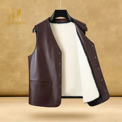 Men's Fur Integrated Genuine Cowhide Vest Thick Warm Casual Sleeveless Waistcoat for Middle Aged Elderly Dad Autumn Winter