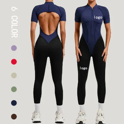 V Waist Contrast Color Jumpsuit Women Activewear Zippered Skim-tight Bodysuit Women's Summer Jumpsuit