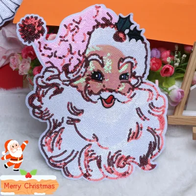 Large Embroidered Sequins Santa Claus Head Design Christmas Decorations for Clothing Bags Curtains