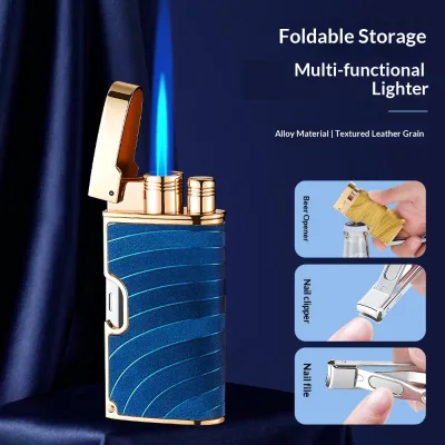 Multifunctional Windproof Foldable Leather Texture Metallic Cigar Lighter Logo Butane Fuel Light Luxury Design for Outdoor Use