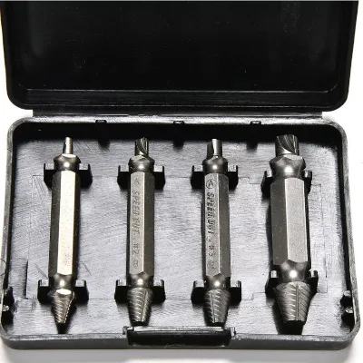 4-Piece S2 Steel Double-Ended Screw Extractor Set for Damaged Screws & Bolts 3-14mm Range Demolition Tool Sand Blasted Finish