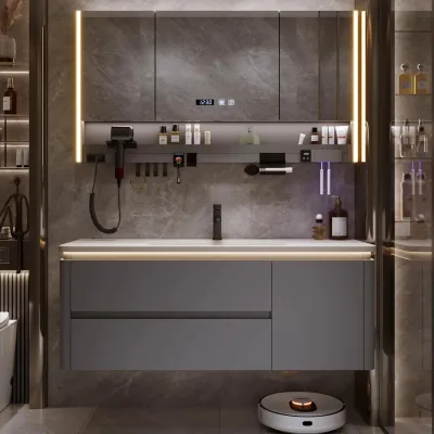 Smart Mirror Cabinet with High-Grade Gray Anti-Fog Bathroom Vanity Touch-Control Function Waterproof Design for Modern Bathroom