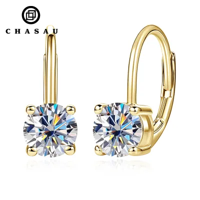 14K Gold Plated 6.5mm 1.0ct 8mm 2.0ct D Color VVS1 Round Moissanite Simple Four Prong Minimalist Design Ear Clip Drop Earrings